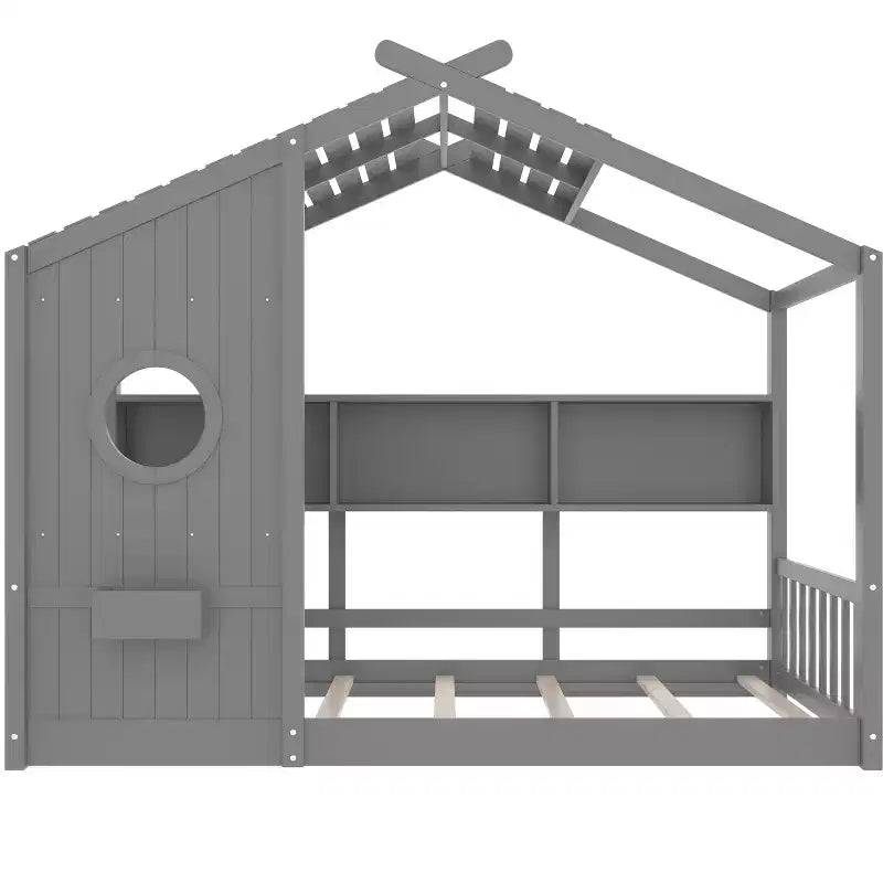 Lit cabane Polibi avec étagères de rangement intégrées et toit à lattes