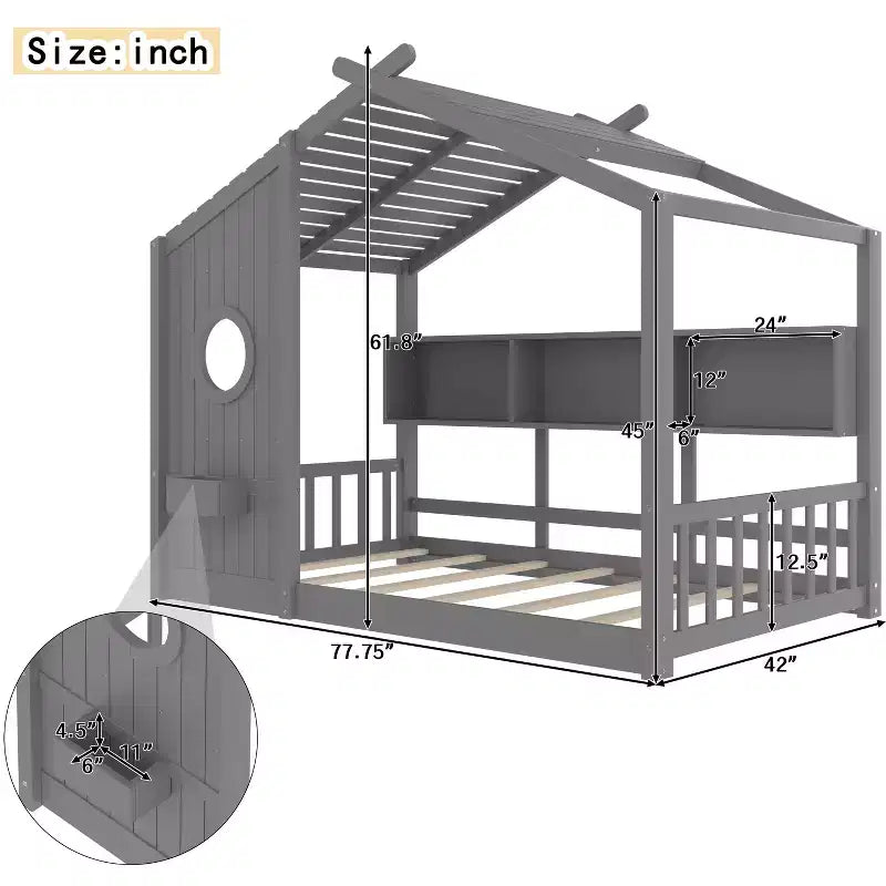 Lit cabane Polibi avec étagères de rangement intégrées et toit à lattes