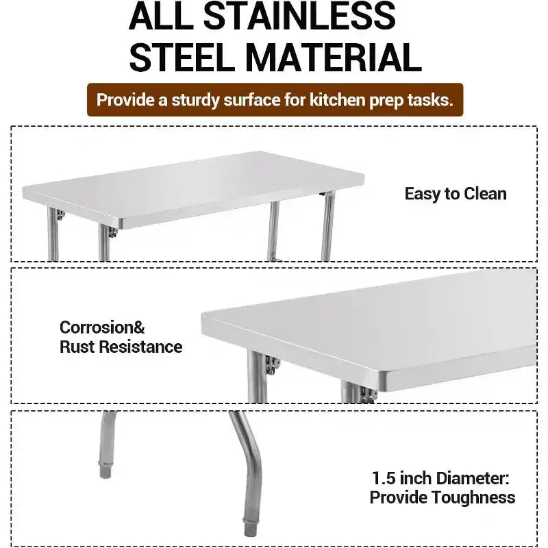 Table de Travail Commerciale, Poste de Travail, Table de Préparation en Acier Inoxydable Pliante avec Pieds Réglables en Métal