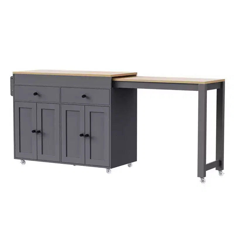 Îlot de cuisine de 189 cm avec table à manger extensible, chariot roulant avec 4 armoires, 2 tiroirs, porte-épices, étagères réglables