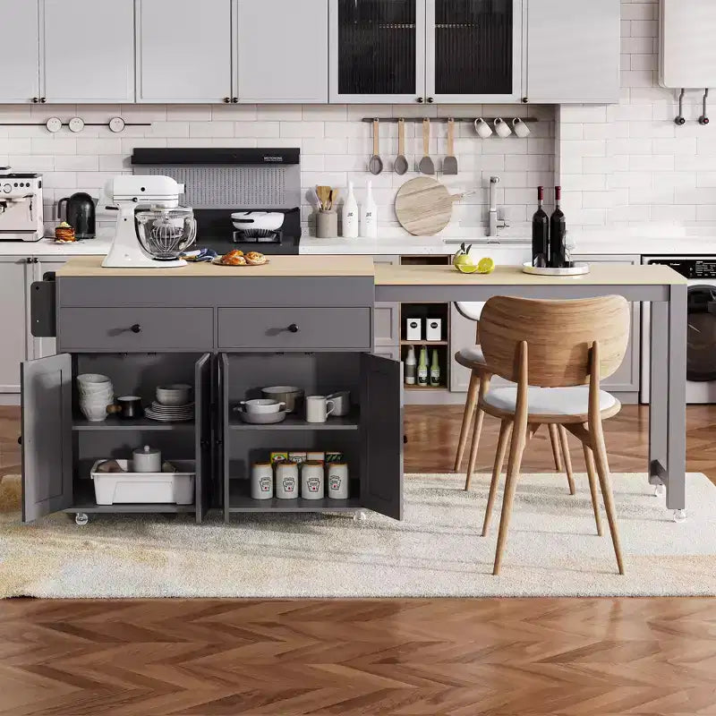 Îlot de cuisine de 189 cm avec table à manger extensible, chariot roulant avec 4 armoires, 2 tiroirs, porte-épices, étagères réglables