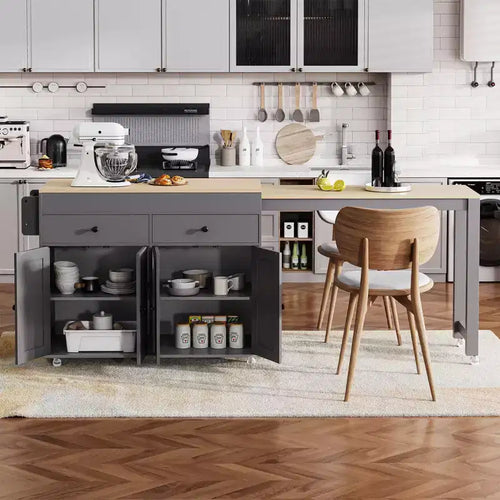 Îlot de cuisine de 189 cm avec table à manger extensible, chariot roulant avec 4 armoires, 2 tiroirs, porte-épices, étagères réglables