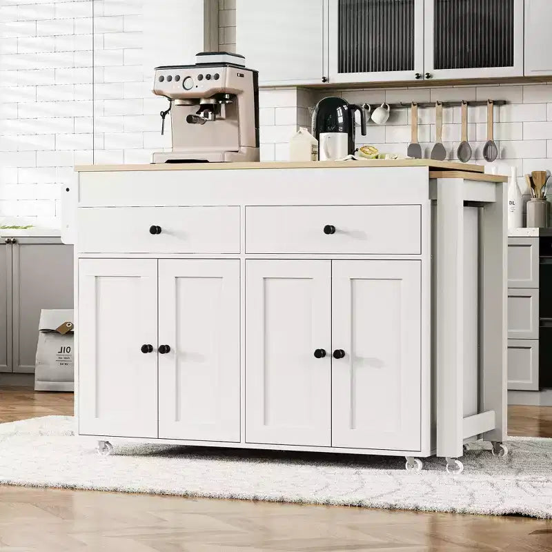Îlot de cuisine de 189 cm avec table à manger extensible, chariot roulant avec 4 armoires, 2 tiroirs, porte-épices, étagères réglables