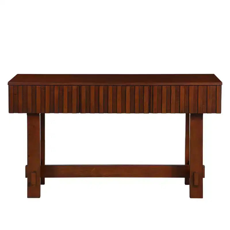 Hostack Table Console Cannelée de Ferme 52'' avec Tiroirs de Rangement et Pieds en Bois Massif pour Salon et Couloir, Cerisier