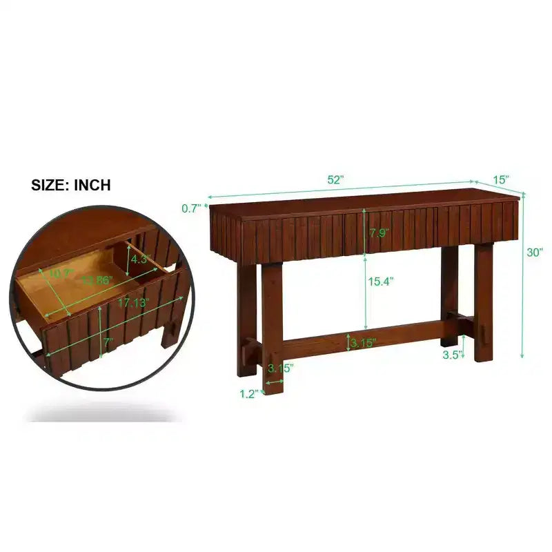 Hostack Table Console Cannelée de Ferme 52'' avec Tiroirs de Rangement et Pieds en Bois Massif pour Salon et Couloir, Cerisier