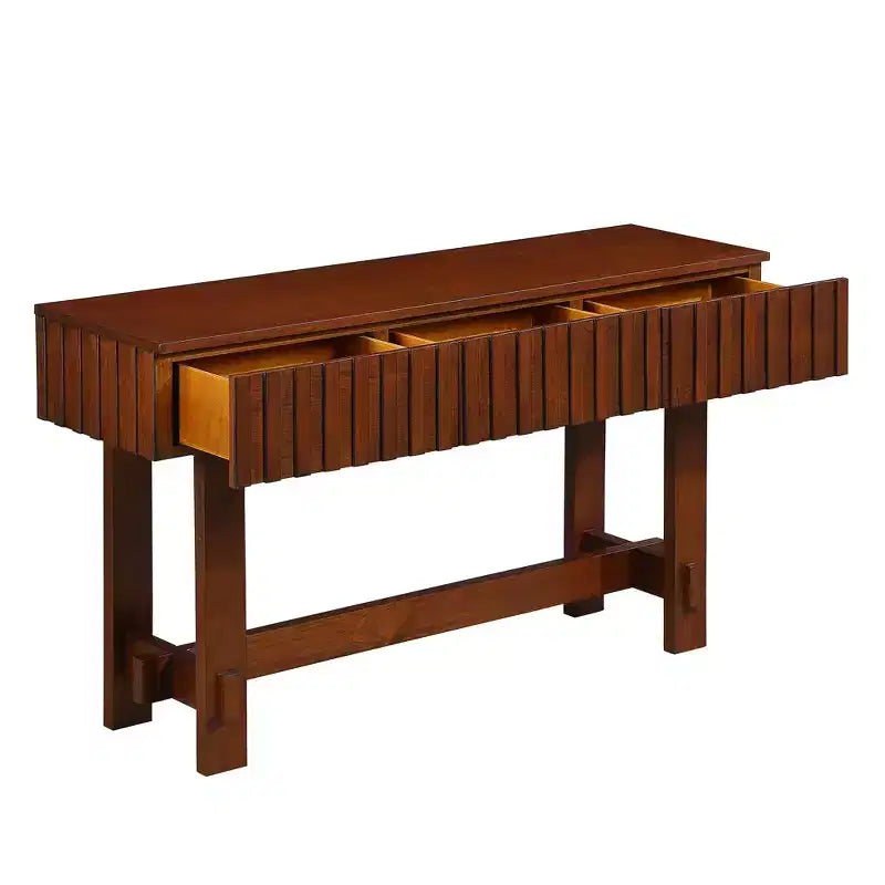 Hostack Table Console Cannelée de Ferme 52'' avec Tiroirs de Rangement et Pieds en Bois Massif pour Salon et Couloir, Cerisier