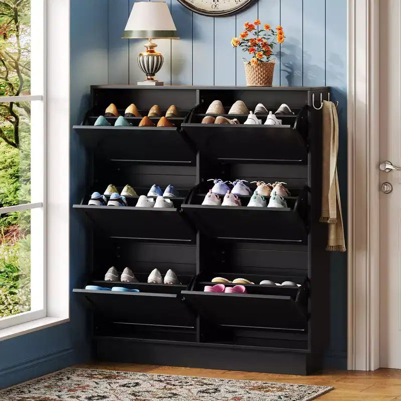Meuble à chaussures étroit Okak, meuble à chaussures avec 6 tiroirs basculants et étagère réglable, rangement à chaussures pour entrée, salon, couloir
