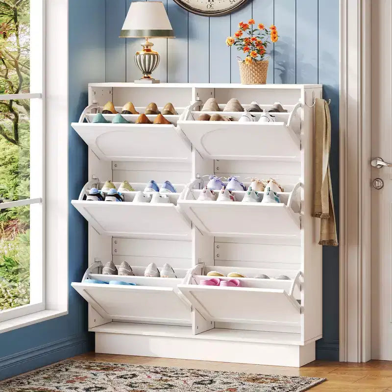 Meuble à chaussures étroit Okak, meuble à chaussures avec 6 tiroirs basculants et étagère réglable, rangement à chaussures pour entrée, salon, couloir