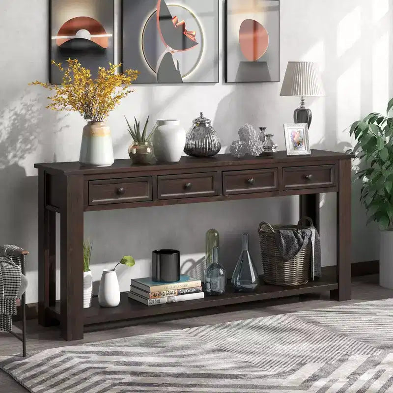 GDFStudio Lance Console en bois massif avec tiroirs et étagère inférieure