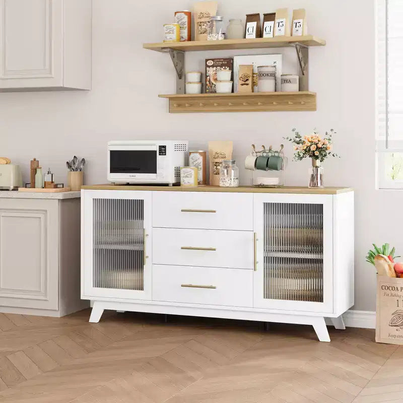 COZONY Buffet de 56 pouces avec 2 portes en verre cannelé, 3 grands tiroirs, meuble de bar à café moderne pour cuisine, salle à manger, salon