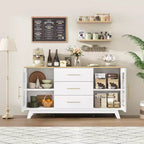 COZONY Buffet de 56 pouces avec 2 portes en verre cannelé, 3 grands tiroirs, meuble de bar à café moderne pour cuisine, salle à manger, salon