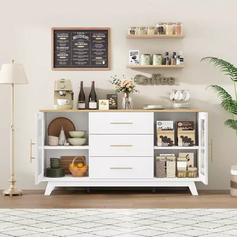 COZONY Buffet de 56 pouces avec 2 portes en verre cannelé, 3 grands tiroirs, meuble de bar à café moderne pour cuisine, salle à manger, salon