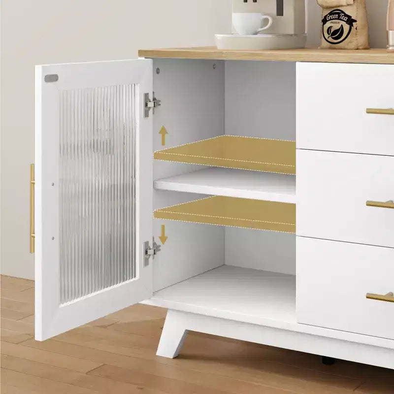 COZONY Buffet de 56 pouces avec 2 portes en verre cannelé, 3 grands tiroirs, meuble de bar à café moderne pour cuisine, salle à manger, salon