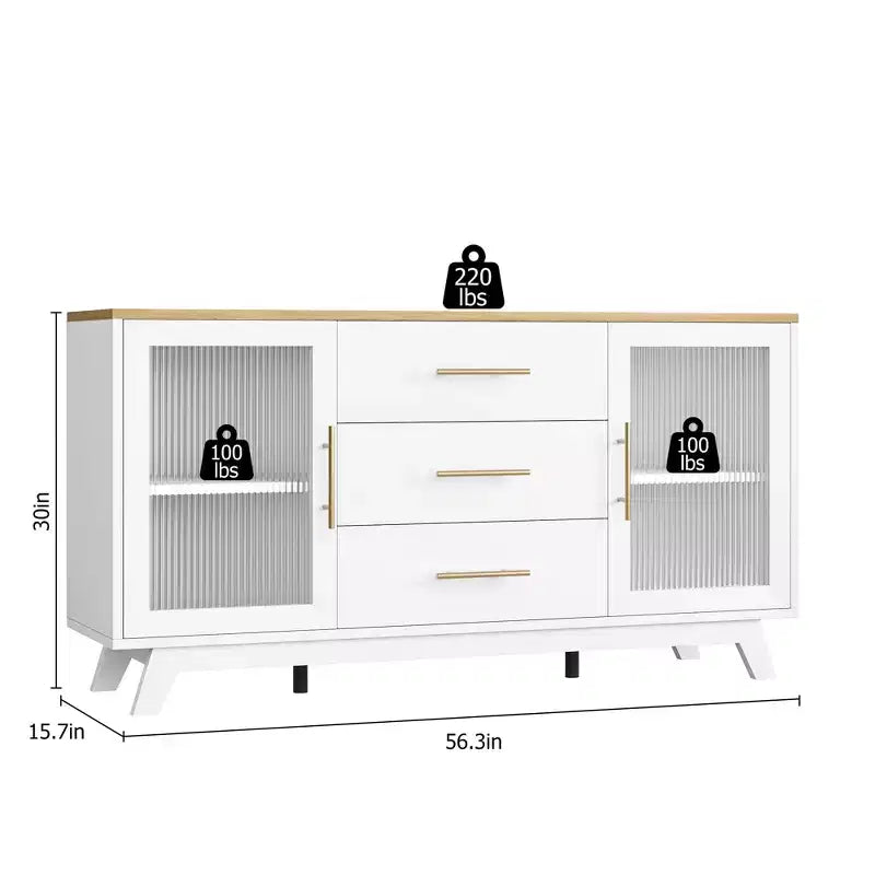 COZONY Buffet de 56 pouces avec 2 portes en verre cannelé, 3 grands tiroirs, meuble de bar à café moderne pour cuisine, salle à manger, salon