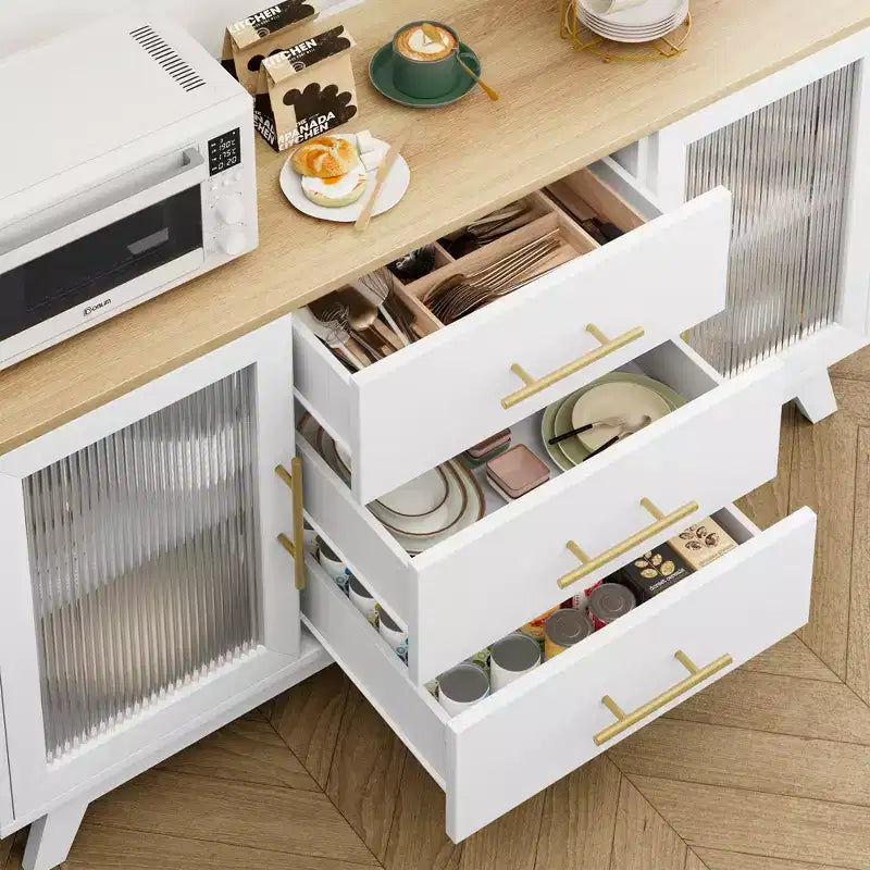 COZONY Buffet de 56 pouces avec 2 portes en verre cannelé, 3 grands tiroirs, meuble de bar à café moderne pour cuisine, salle à manger, salon