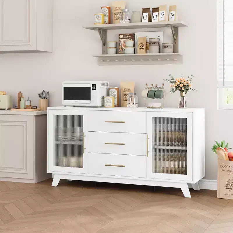 COZONY Buffet de 56 pouces avec 2 portes en verre cannelé, 3 grands tiroirs, meuble de bar à café moderne pour cuisine, salle à manger, salon