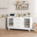 COZONY Buffet de 56 pouces avec 2 portes en verre cannelé, 3 grands tiroirs, meuble de bar à café moderne pour cuisine, salle à manger, salon