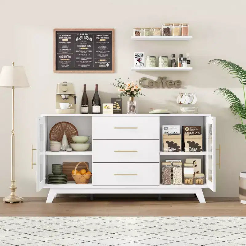 COZONY Buffet de 56 pouces avec 2 portes en verre cannelé, 3 grands tiroirs, meuble de bar à café moderne pour cuisine, salle à manger, salon