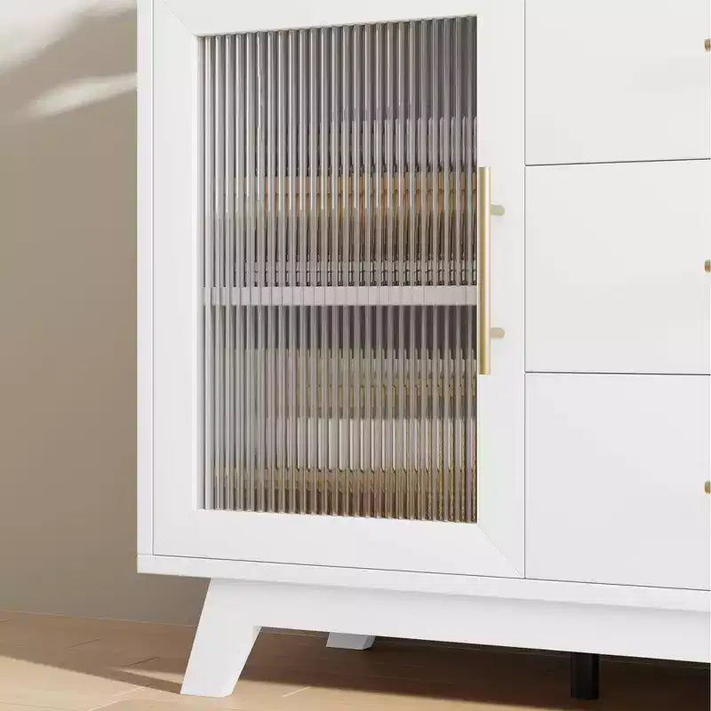 COZONY Buffet de 56 pouces avec 2 portes en verre cannelé, 3 grands tiroirs, meuble de bar à café moderne pour cuisine, salle à manger, salon