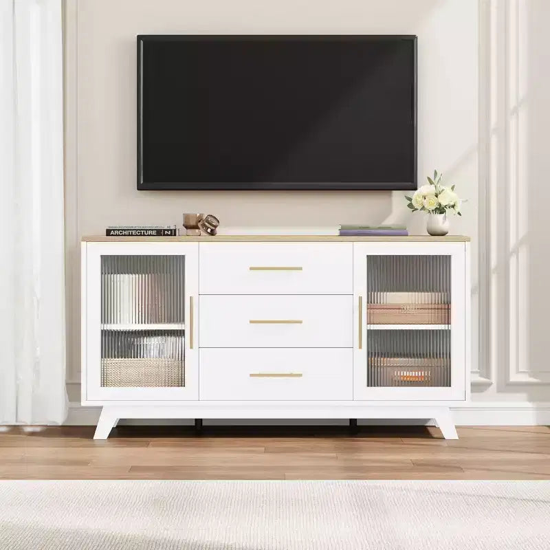 COZONY Buffet de 56 pouces avec 2 portes en verre cannelé, 3 grands tiroirs, meuble de bar à café moderne pour cuisine, salle à manger, salon