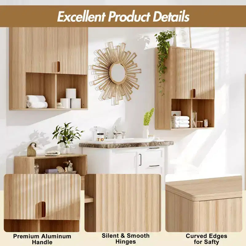 Meuble de Rangement Mural CuisinSmart pour Salle de Bain, Armoire à Pharmacie Cannelée à 2 Portes, Étagères Réglables et Rangement Ouvert, pour Buanderie Cuisine Salon