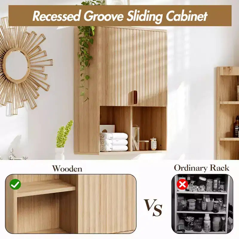 Meuble de Rangement Mural CuisinSmart pour Salle de Bain, Armoire à Pharmacie Cannelée à 2 Portes, Étagères Réglables et Rangement Ouvert, pour Buanderie Cuisine Salon