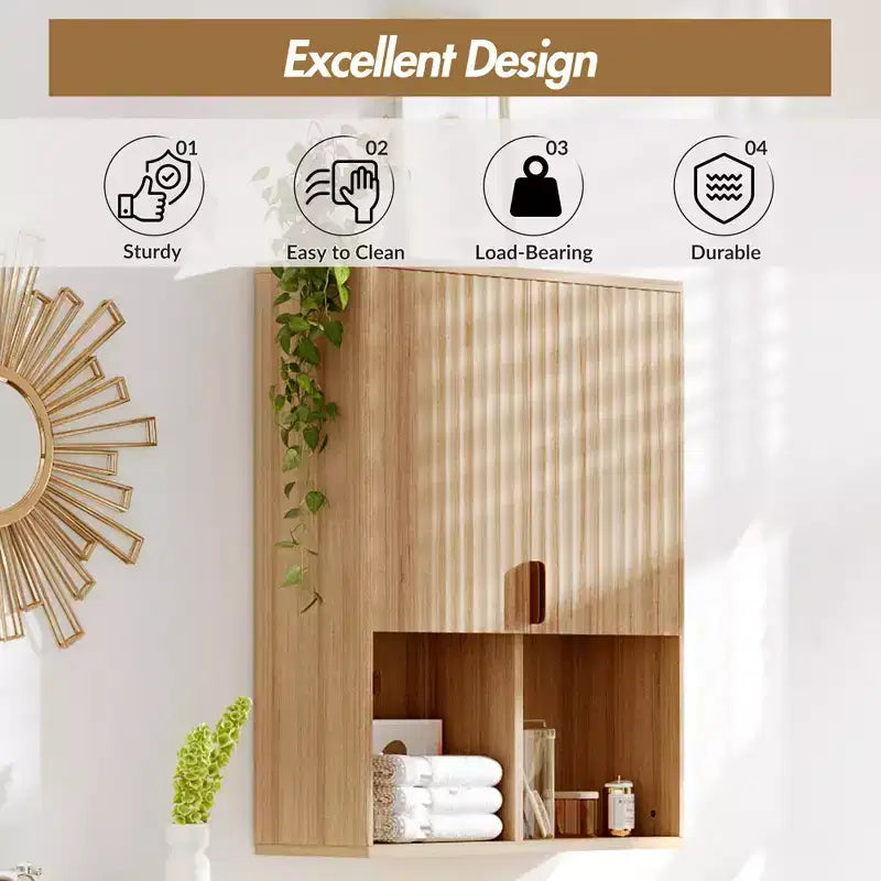 Meuble de Rangement Mural CuisinSmart pour Salle de Bain, Armoire à Pharmacie Cannelée à 2 Portes, Étagères Réglables et Rangement Ouvert, pour Buanderie Cuisine Salon