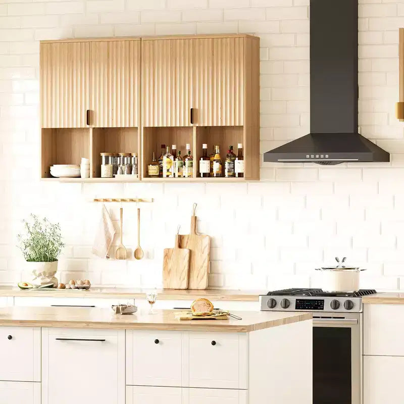 Meuble de Rangement Mural CuisinSmart pour Salle de Bain, Armoire à Pharmacie Cannelée à 2 Portes, Étagères Réglables et Rangement Ouvert, pour Buanderie Cuisine Salon