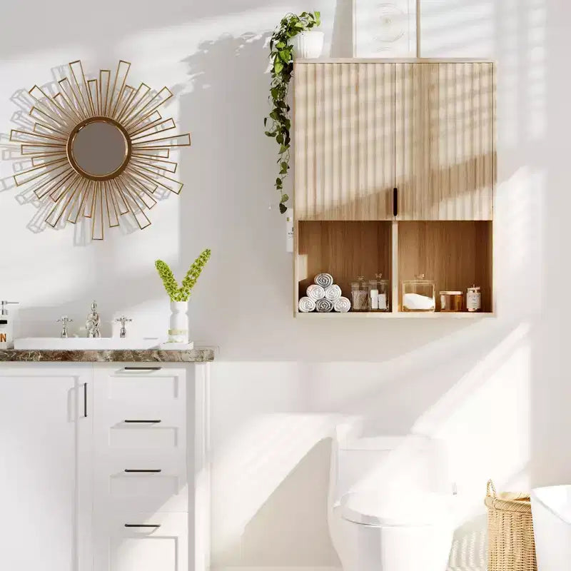 Meuble de Rangement Mural CuisinSmart pour Salle de Bain, Armoire à Pharmacie Cannelée à 2 Portes, Étagères Réglables et Rangement Ouvert, pour Buanderie Cuisine Salon