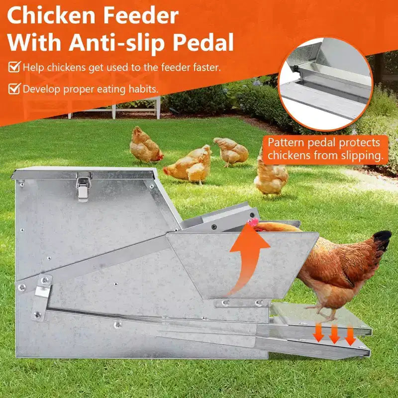 Mangeoire pour poulets, automatique 12,2 kg en acier galvanisé - À pédale, anti-rats, anti-gaspillage, nourrit 10 poulets pendant 11 jours, convient aux canards, poules naines, faisans