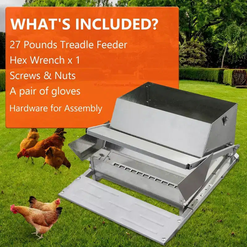 Mangeoire pour poulets, automatique 12,2 kg en acier galvanisé - À pédale, anti-rats, anti-gaspillage, nourrit 10 poulets pendant 11 jours, convient aux canards, poules naines, faisans