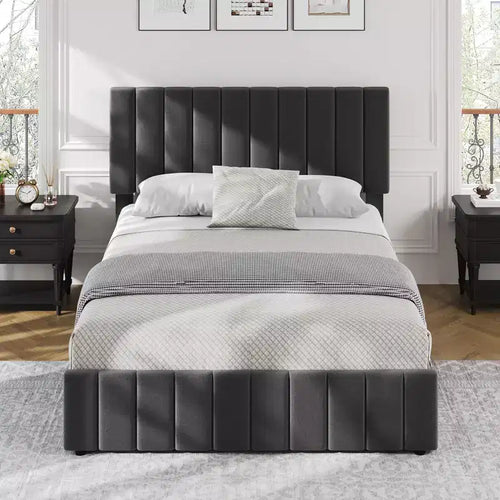 Bed Frame, Platform Bed with 4 Storage Drawers - Adjustable Headboard, Wooden Slats Support, No Box Spring Needed
