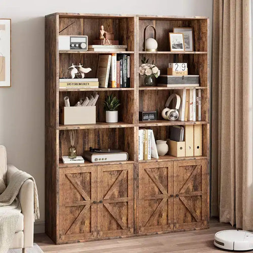 Acekool Farmhouse Bookcase with Doors, 6-Shelf 71 Tall Rustic Brown Display and Storage Cabinet for Home Office, Living Room