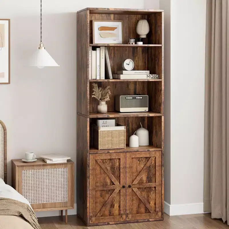 Bibliothèque de Ferme Acekool avec Portes, Étagère à 6 Niveaux de 180 cm de Haut, Meuble de Rangement et Présentoir Marron Rustique pour Bureau à Domicile, Salon