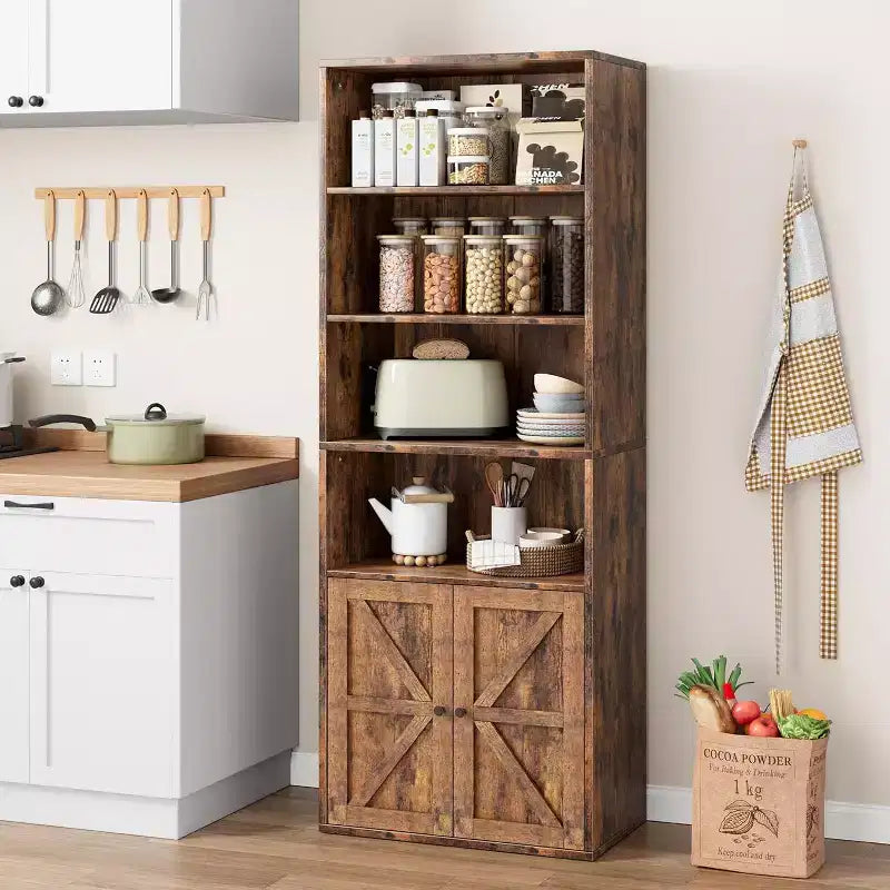 Bibliothèque de Ferme Acekool avec Portes, Étagère à 6 Niveaux de 180 cm de Haut, Meuble de Rangement et Présentoir Marron Rustique pour Bureau à Domicile, Salon
