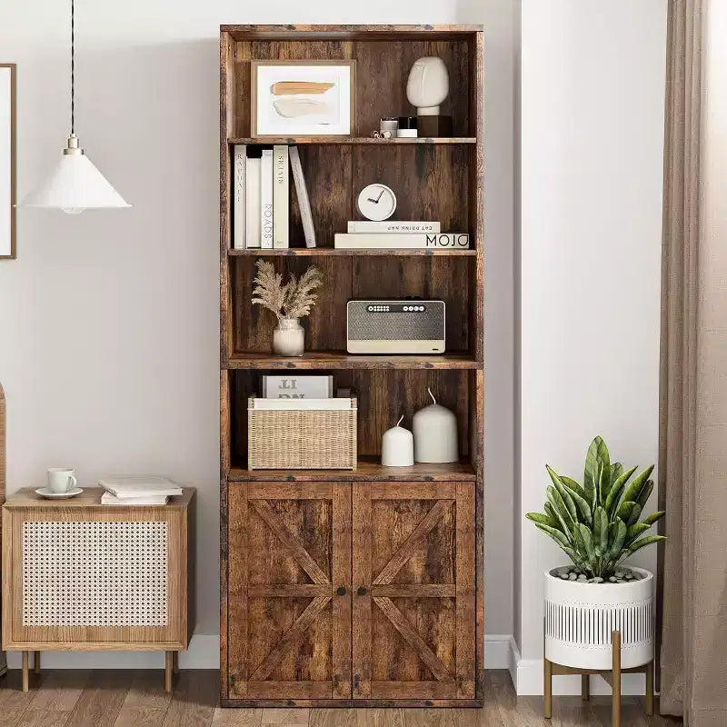 Bibliothèque de Ferme Acekool avec Portes, Étagère à 6 Niveaux de 180 cm de Haut, Meuble de Rangement et Présentoir Marron Rustique pour Bureau à Domicile, Salon