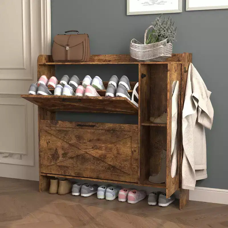 Meuble à chaussures Okak, Organiseur de chaussures autoportant avec 2 tiroirs basculants, Meuble de rangement pour chaussures pour entrée, salon, couloir, Marron