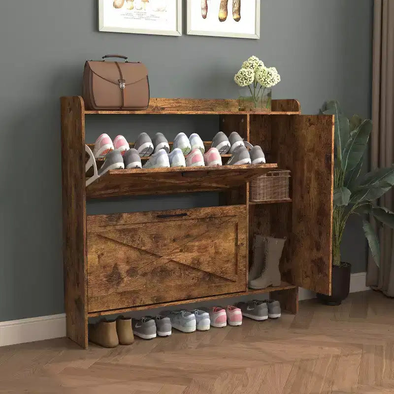Meuble à chaussures Okak, Organiseur de chaussures autoportant avec 2 tiroirs basculants, Meuble de rangement pour chaussures pour entrée, salon, couloir, Marron