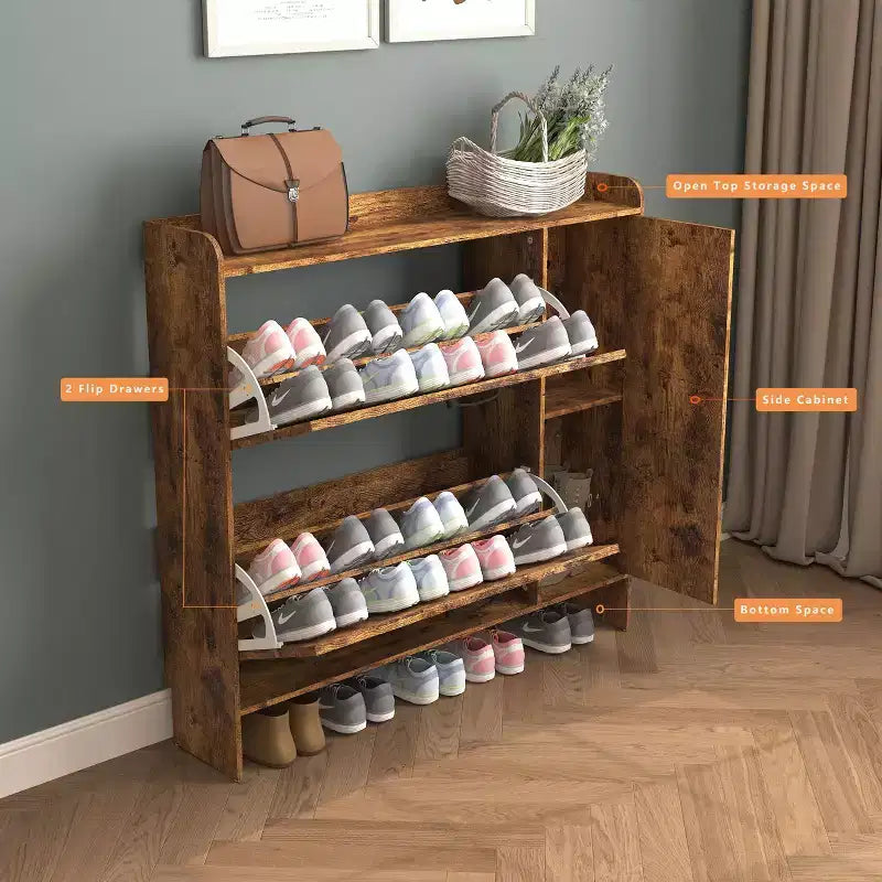Meuble à chaussures Okak, Organiseur de chaussures autoportant avec 2 tiroirs basculants, Meuble de rangement pour chaussures pour entrée, salon, couloir, Marron