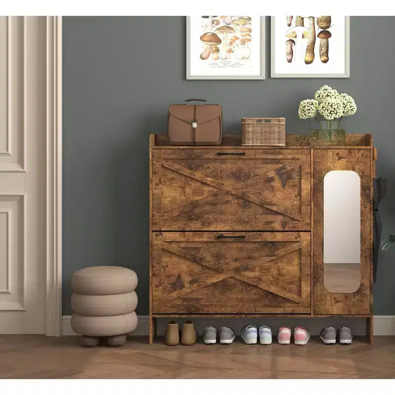 Meuble à chaussures Okak, Organiseur de chaussures autoportant avec 2 tiroirs basculants, Meuble de rangement pour chaussures pour entrée, salon, couloir, Marron