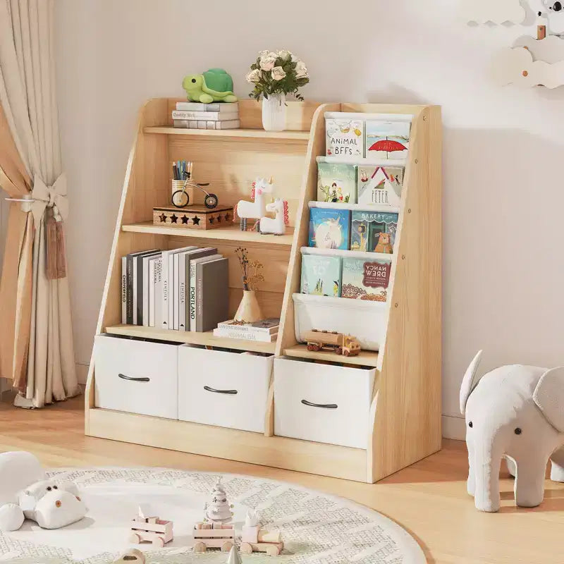 Étagère à livres pour enfants SUGIFT, organisateur de cubes et rangement de jouets avec bacs en tissu, présentoir à livres frontal, organisateur en bois pour salle de jeux et chambre d'enfant.