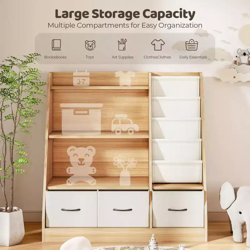 Étagère à livres pour enfants SUGIFT, organisateur de cubes et rangement de jouets avec bacs en tissu, présentoir à livres frontal, organisateur en bois pour salle de jeux et chambre d'enfant.