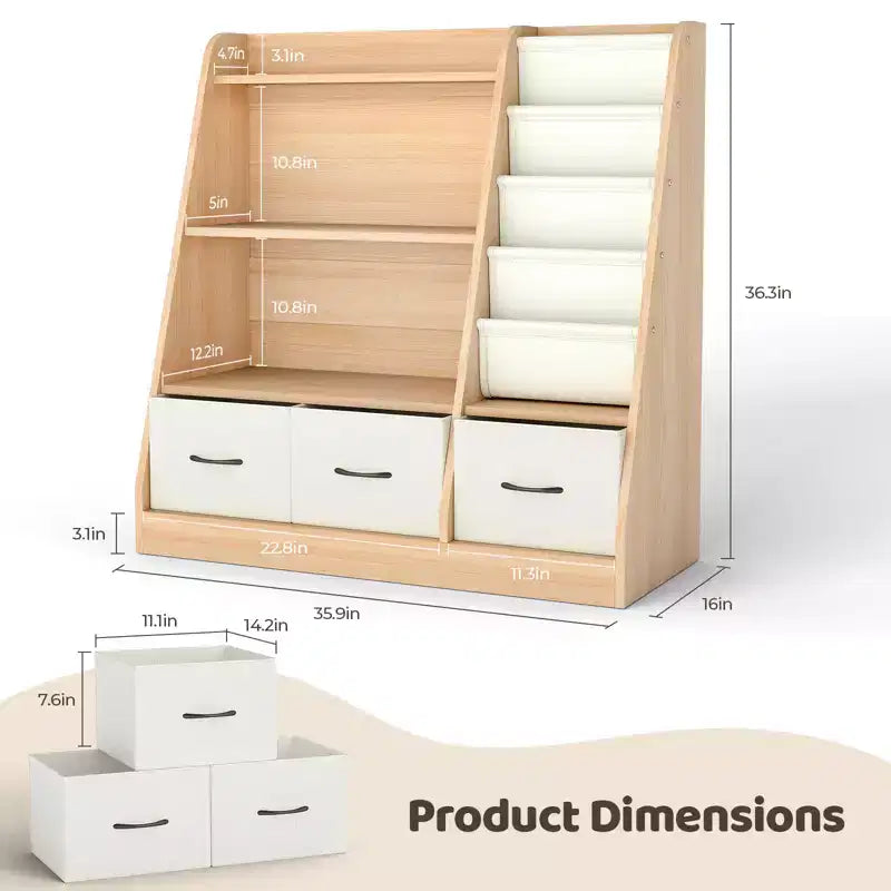 Étagère à livres pour enfants SUGIFT, organisateur de cubes et rangement de jouets avec bacs en tissu, présentoir à livres frontal, organisateur en bois pour salle de jeux et chambre d'enfant.