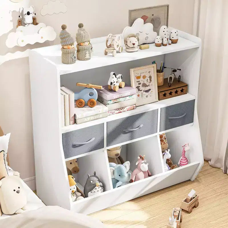 Étagère à livres pour enfants SUGIFT, organisateur de cubes et rangement de jouets avec bacs en tissu, présentoir à livres frontal, organisateur en bois pour salle de jeux et chambre d'enfant.
