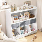 Étagère à livres pour enfants SUGIFT, organisateur de cubes et rangement de jouets avec bacs en tissu, présentoir à livres frontal, organisateur en bois pour salle de jeux et chambre d'enfant.