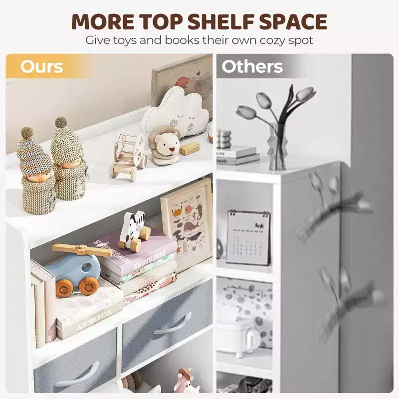 Étagère à livres pour enfants SUGIFT, organisateur de cubes et rangement de jouets avec bacs en tissu, présentoir à livres frontal, organisateur en bois pour salle de jeux et chambre d'enfant.