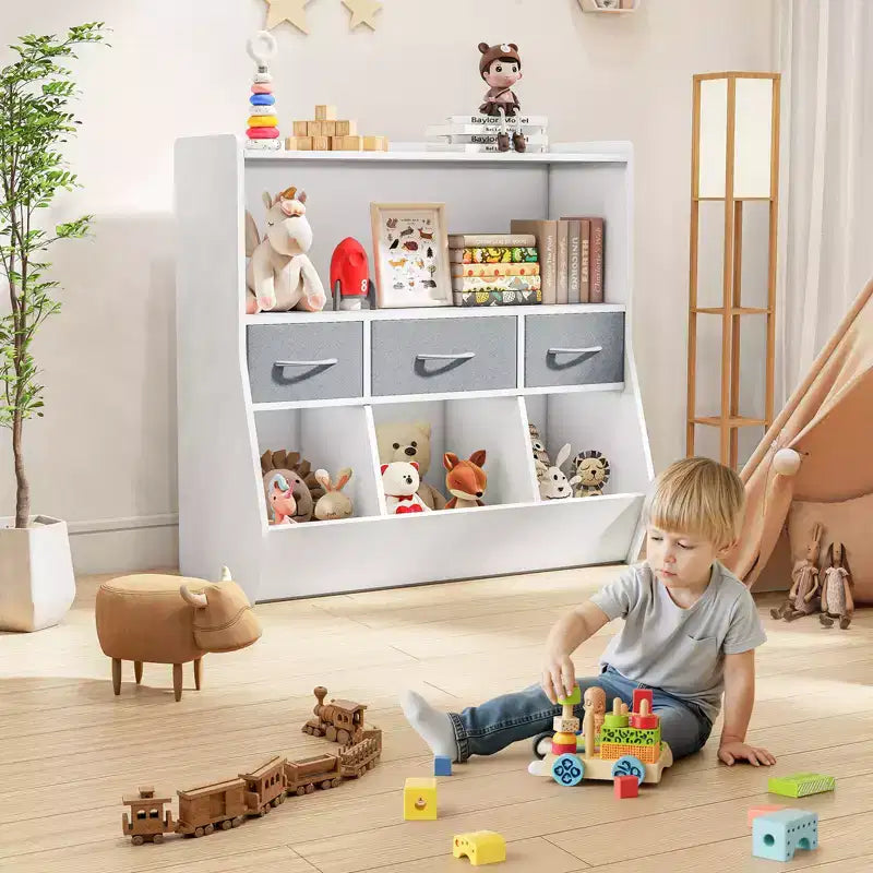 Étagère à livres pour enfants SUGIFT, organisateur de cubes et rangement de jouets avec bacs en tissu, présentoir à livres frontal, organisateur en bois pour salle de jeux et chambre d'enfant.