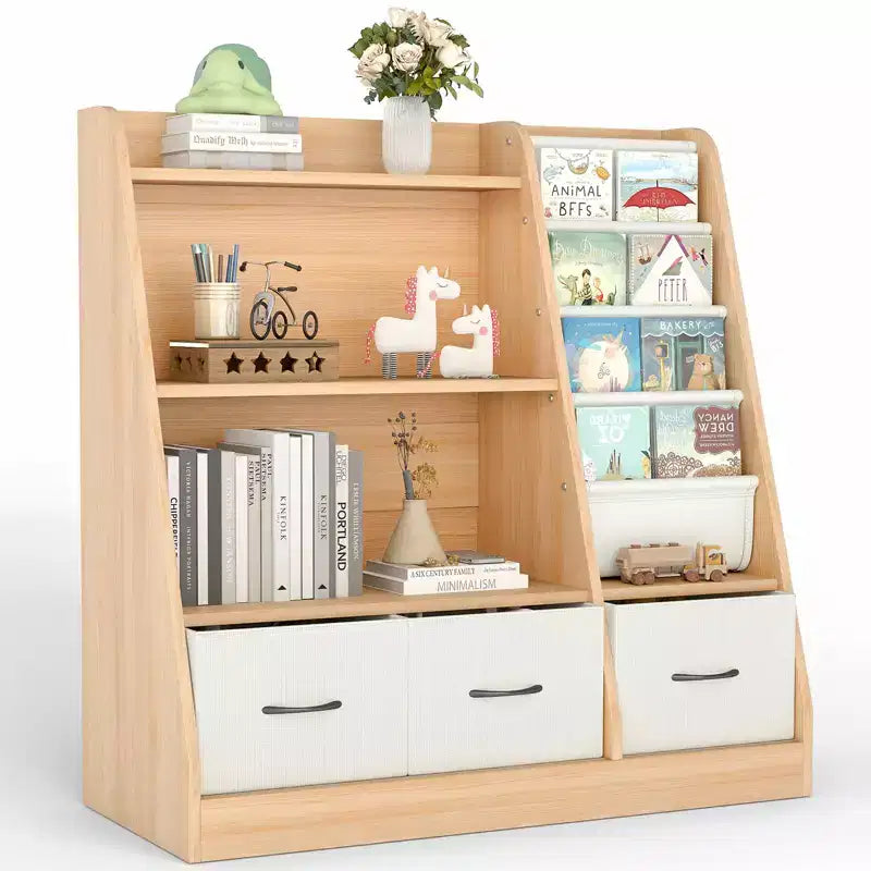 Étagère à livres pour enfants SUGIFT, organisateur de cubes et rangement de jouets avec bacs en tissu, présentoir à livres frontal, organisateur en bois pour salle de jeux et chambre d'enfant.