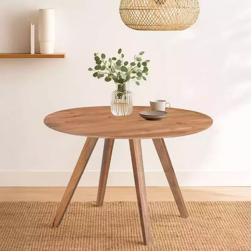 Table de salle à manger Royal Hampton | Plateau rond de 120 cm | Bois de manguier naturel marron fait main | Piétement oblique à quatre pieds