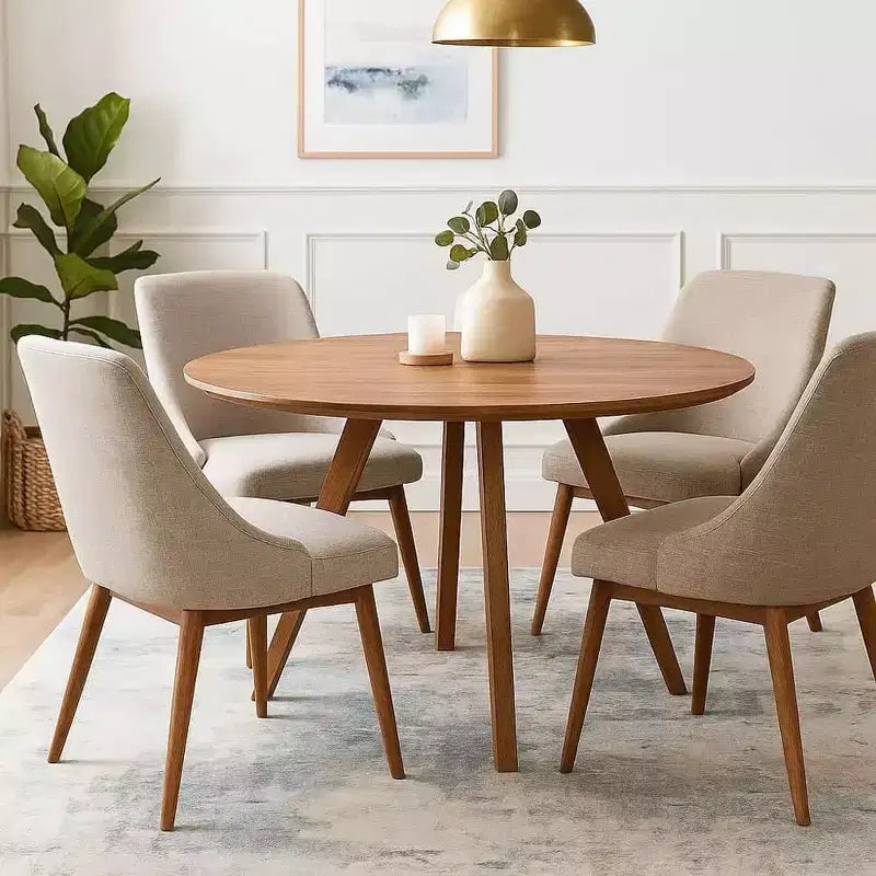Table de salle à manger Royal Hampton | Plateau rond de 120 cm | Bois de manguier naturel marron fait main | Piétement oblique à quatre pieds